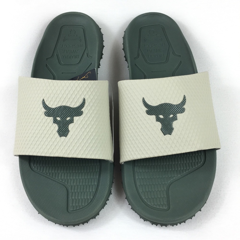 Under Armour ‘Project Rock’ SL 2.0 Slides Green/beige Men 9 new